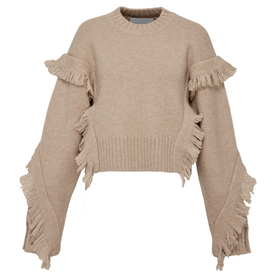 Long Sleeve Crewneck Sweater With Fringe Trim