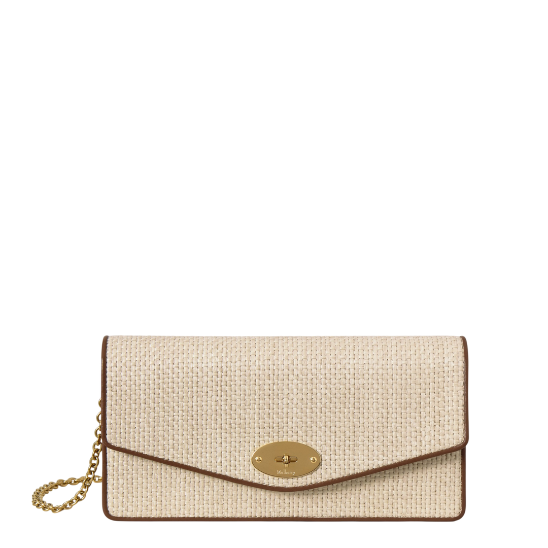 Mulberry Darley Clutch in natural raffia weave with tan leather trim, gold-tone oval postman's lock closure and detachable gold chain strap