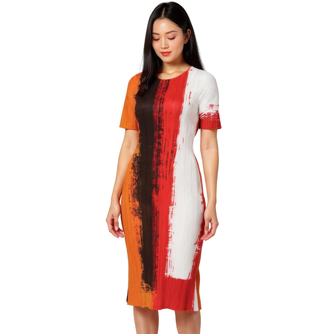 Issey Miyake Pleated Paint-effect Midi Dress - Red