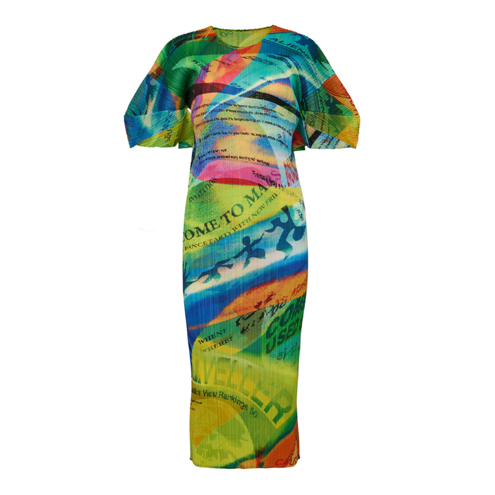 Pleats Please Issey Miyake Voyager Dress in vivid multicolour graphic print with batwing sleeves and midi-length pleated silhouette