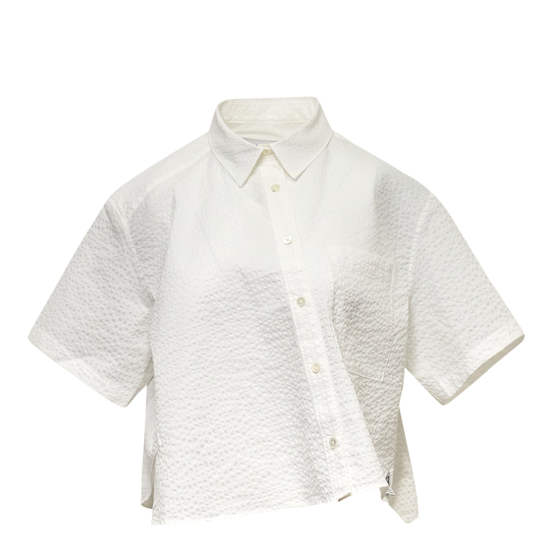 Seersucker Asymmetrical Cropped Shirt