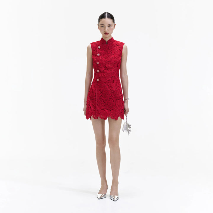 CNY Red Flower Lace Mini Dress