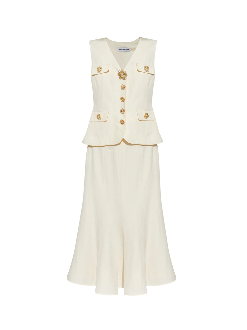 SELF-PORTRAIT_Cream_Linen_Midi_Dress_White