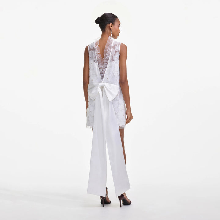 White Crepe Pearl Bow Mini Dress