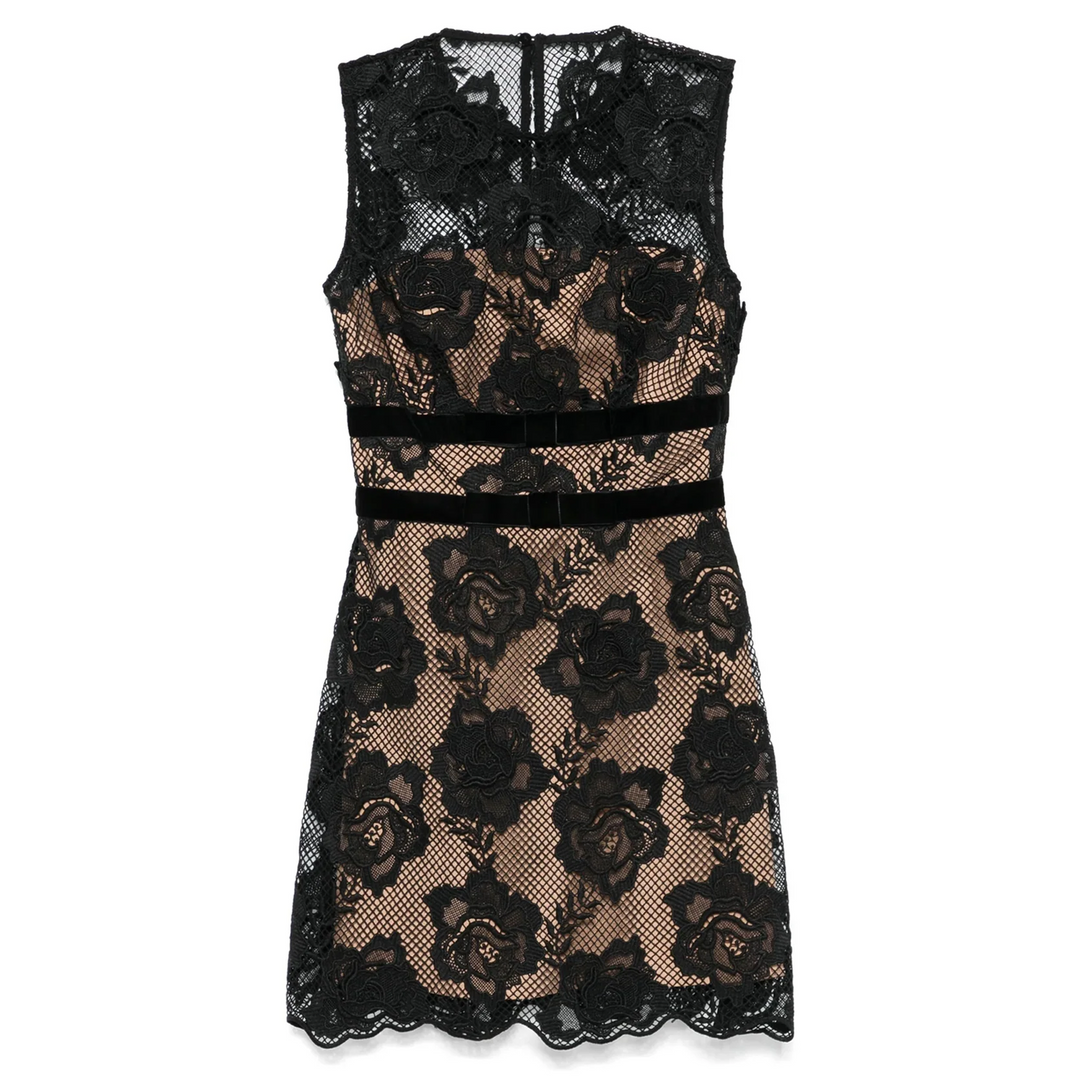 Black Lace Velvet Bow Mini Dress