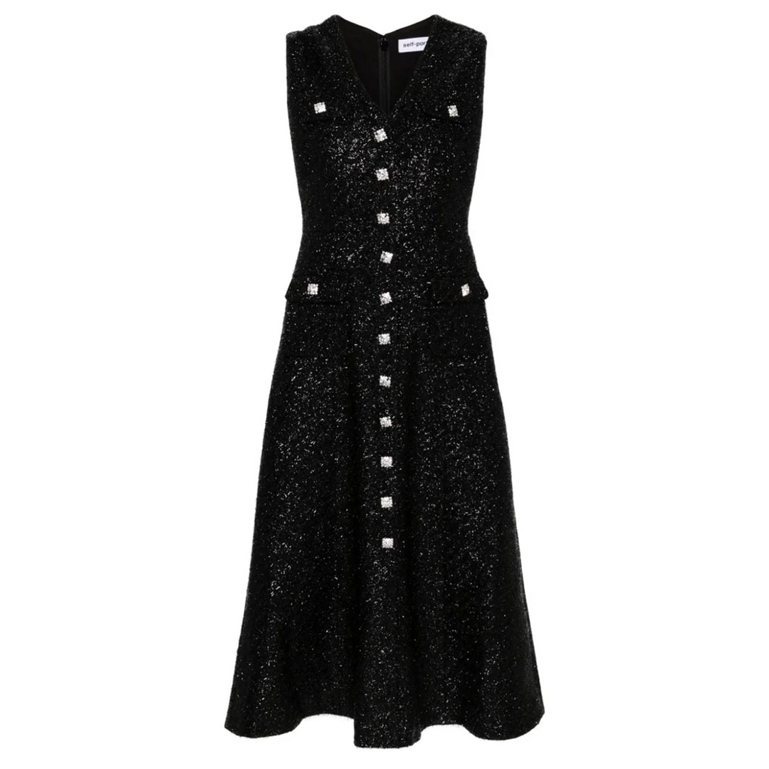 Black Tinsel Boucle Buttoned Midi Dress