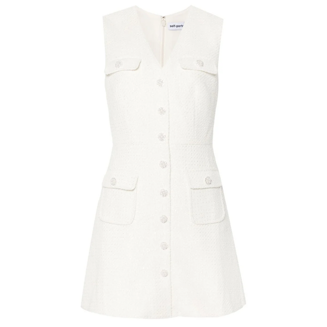 Cream Tinsel Boucle Buttoned Dress