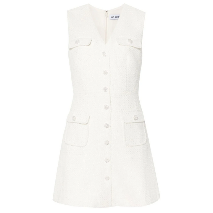Cream Tinsel Boucle Buttoned Dress