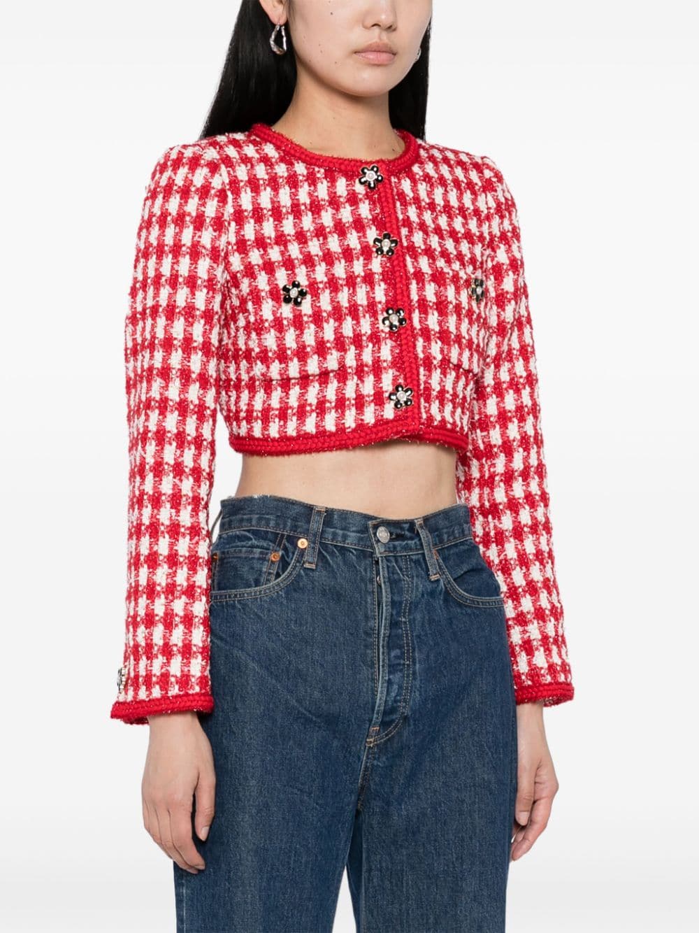 Red Check Boucle Cropped Jacket – - Main Image