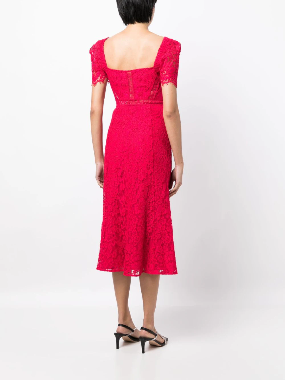 Self Portrait Red Crepe Lace Detail Midi Dress Red 4