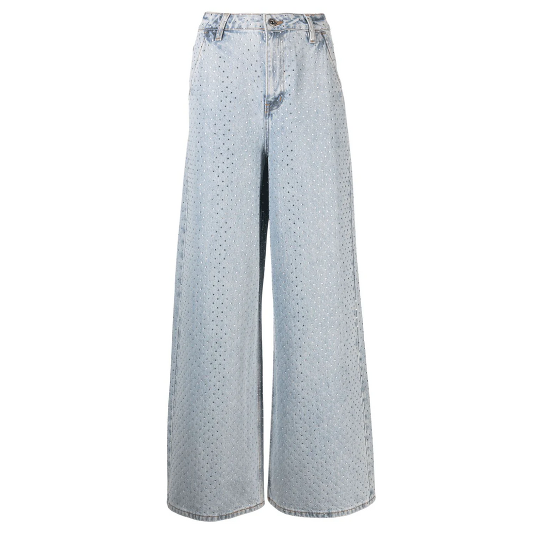 Blue Rhinestone Wide Leg Jeans