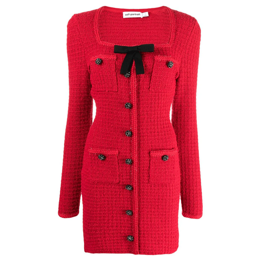 self portrait red bow mini dress Self-portrait Bow-detailed Ruffled Crepe Mini Dress In Red