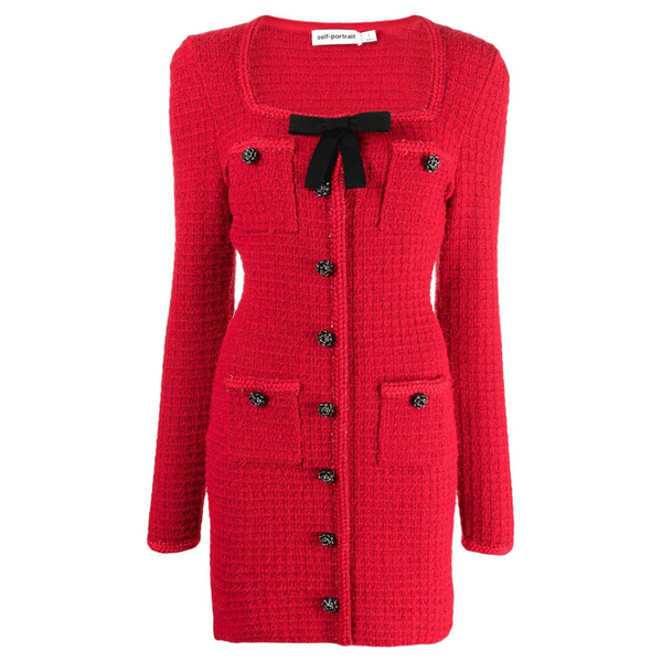 red knit bow mini dress self portrait Cny – Pink/Print