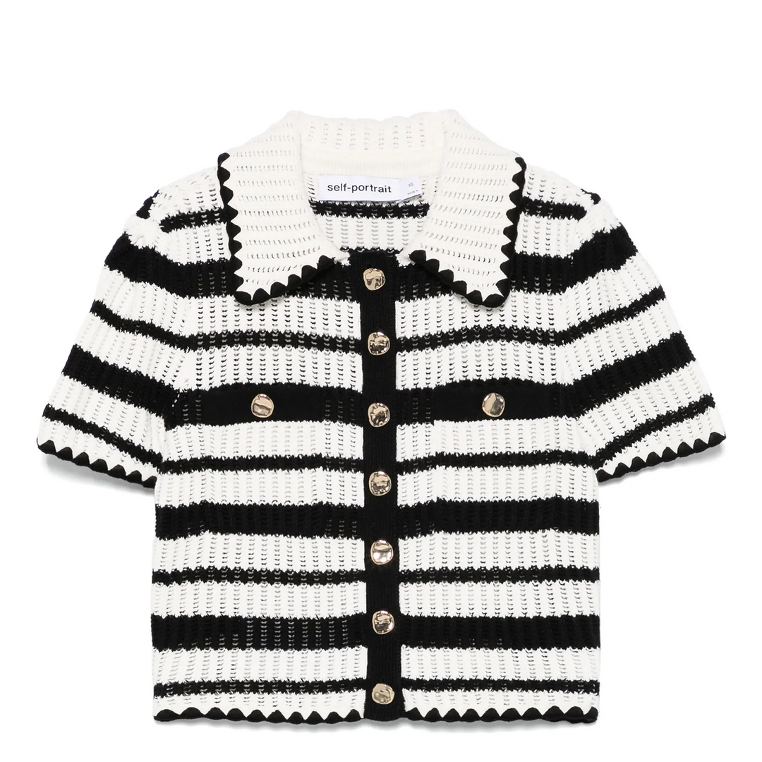 Cream And Black Striped Crochet Top