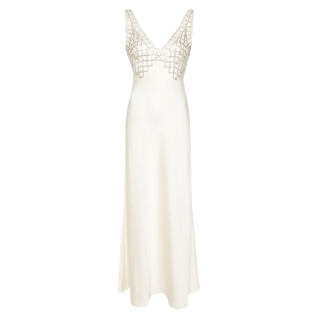 Cream Satin Diamante Bralette Maxi Dress