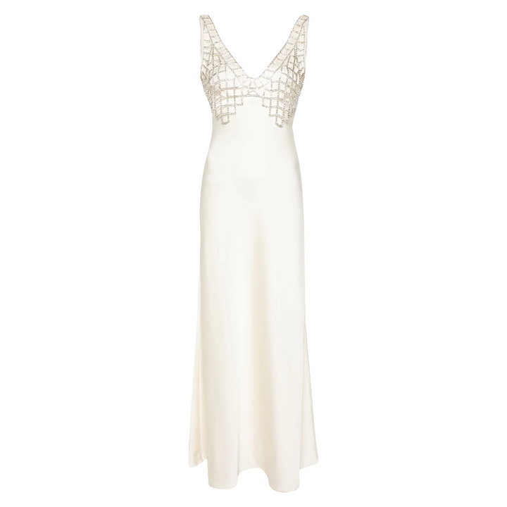 Cream Satin Diamante Bralette Maxi Dress