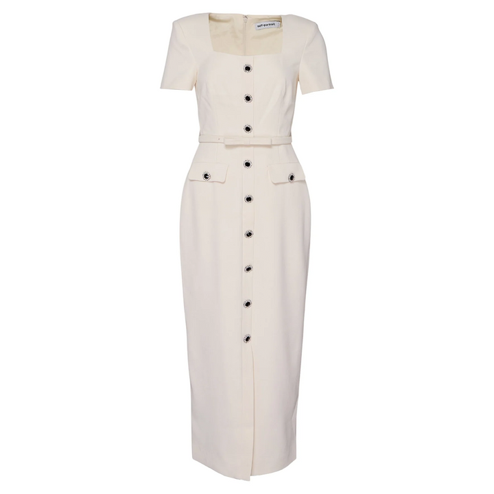 Cream Crepe Button Midi Dress