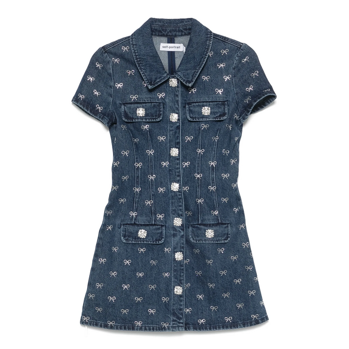 Denim Diamante Bow Mini Dress