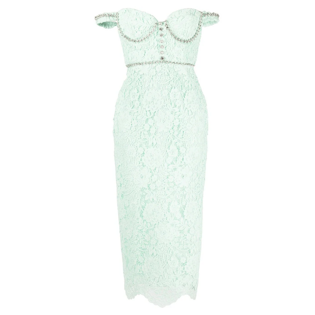 Green Cord Lace Diamante Midi Dress