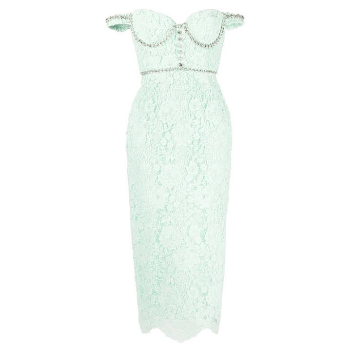 Green Cord Lace Diamante Midi Dress