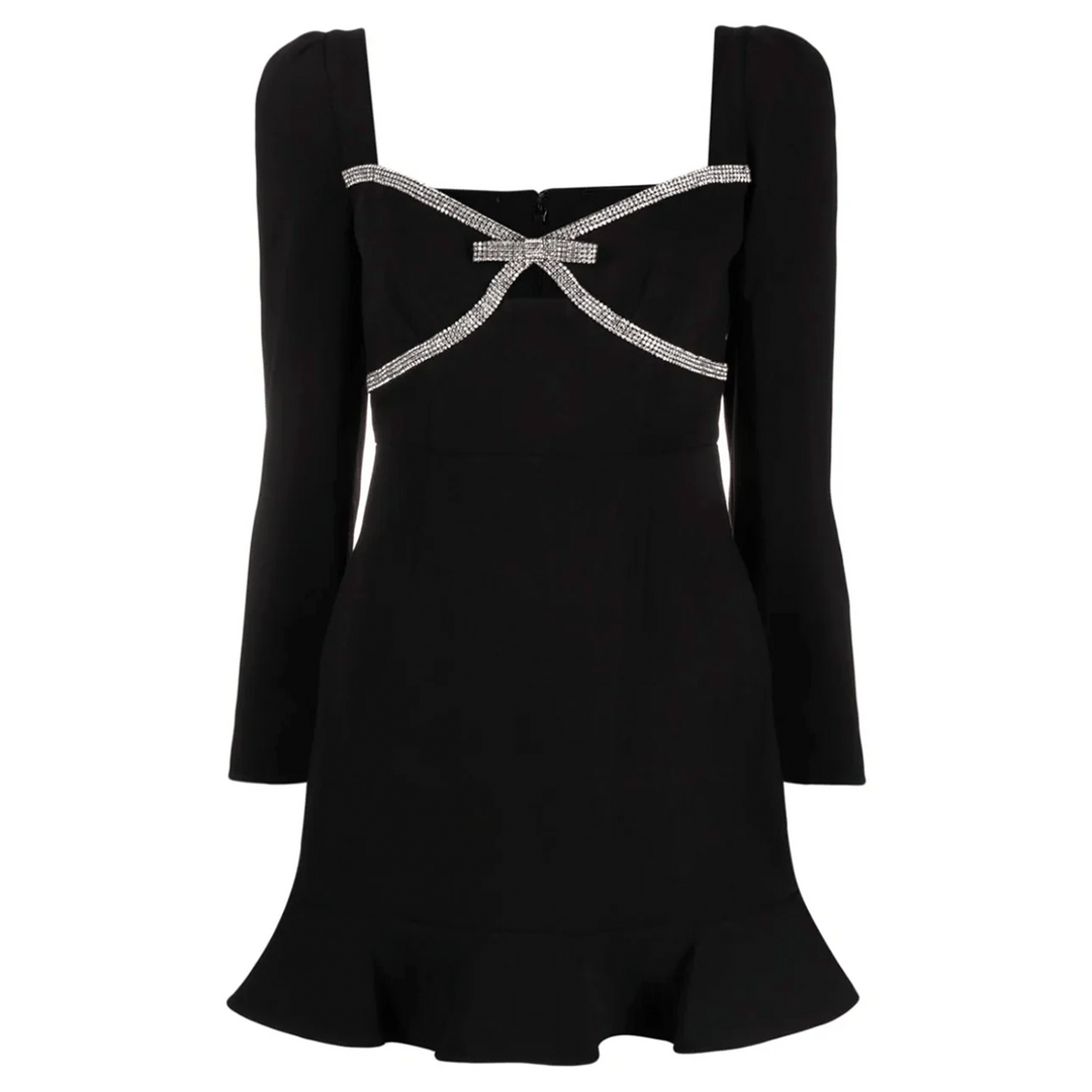 diamante bow mini dress Women's Diamante Bow Detail V Neck Mini Dress, Black