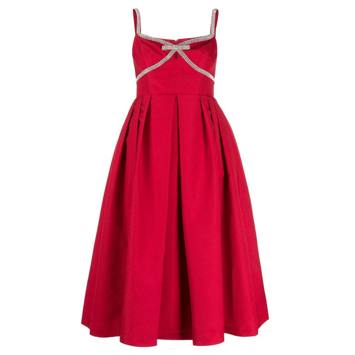 Red Textured Diamante Midi Dress