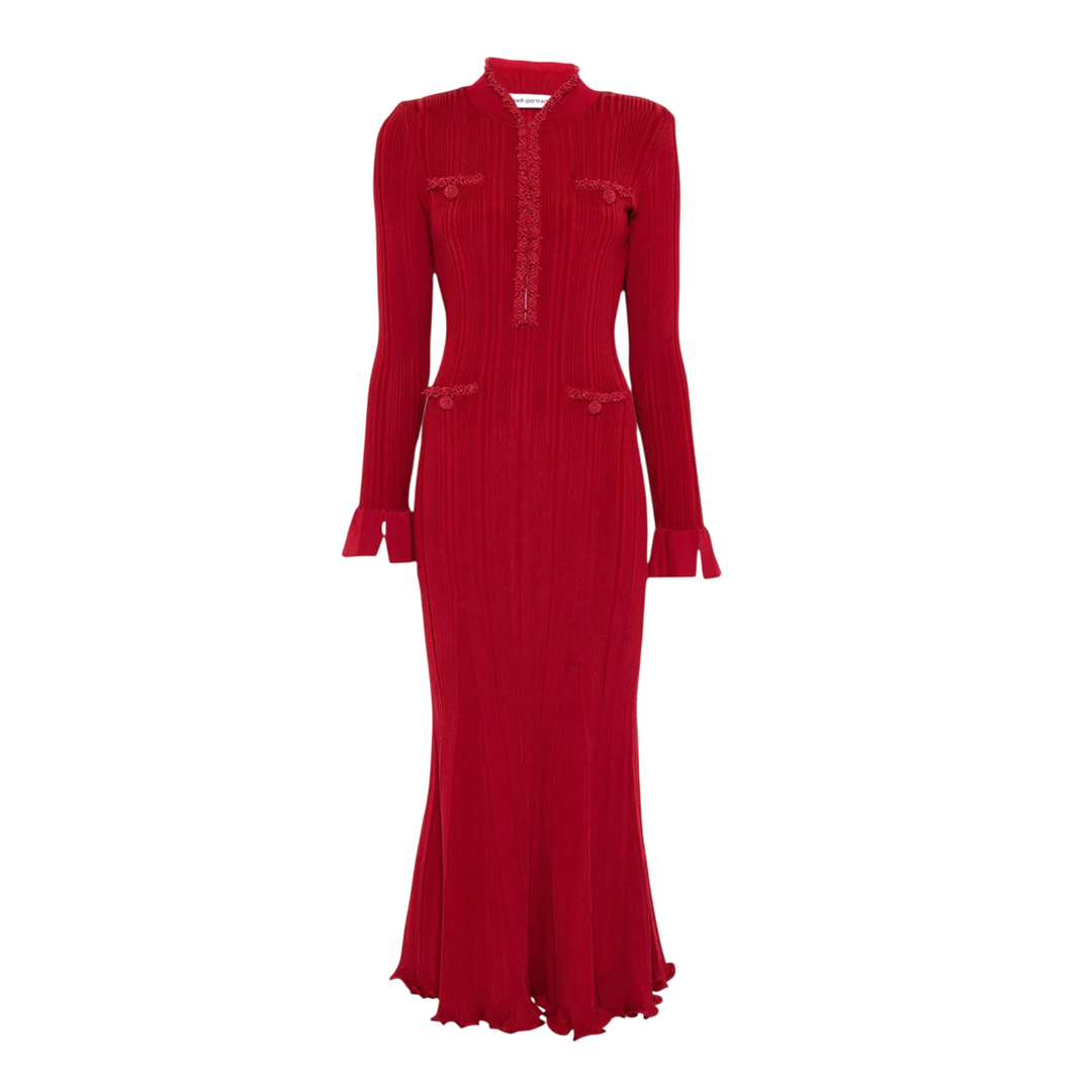 Red Pearl Trim Knit Midi Dress