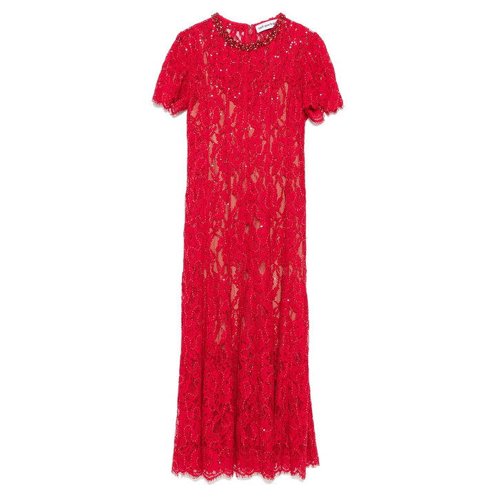 Red Sequin Lace Midi Dress