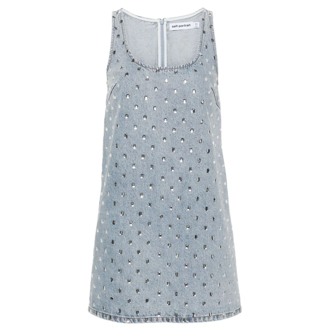 self portrait denim dress with rhinestones Self-Portrait Denim Rhinestone Trim Dress