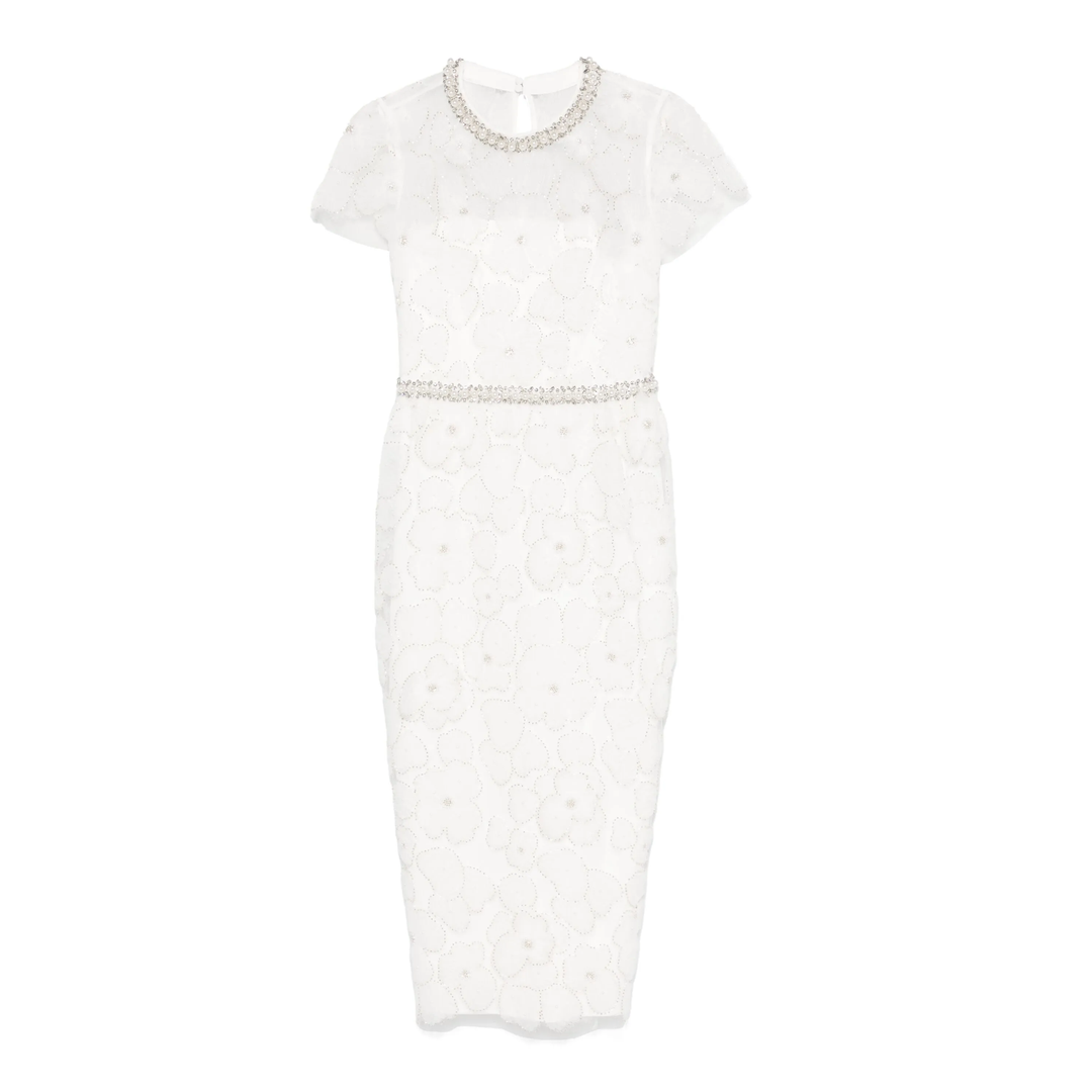 White Embellished Tulle Midi Dress