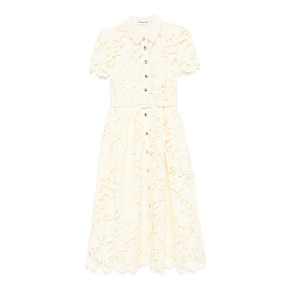 knee length dresses for ladies Self-Portrait Lace Collared Midi Dress Yellow