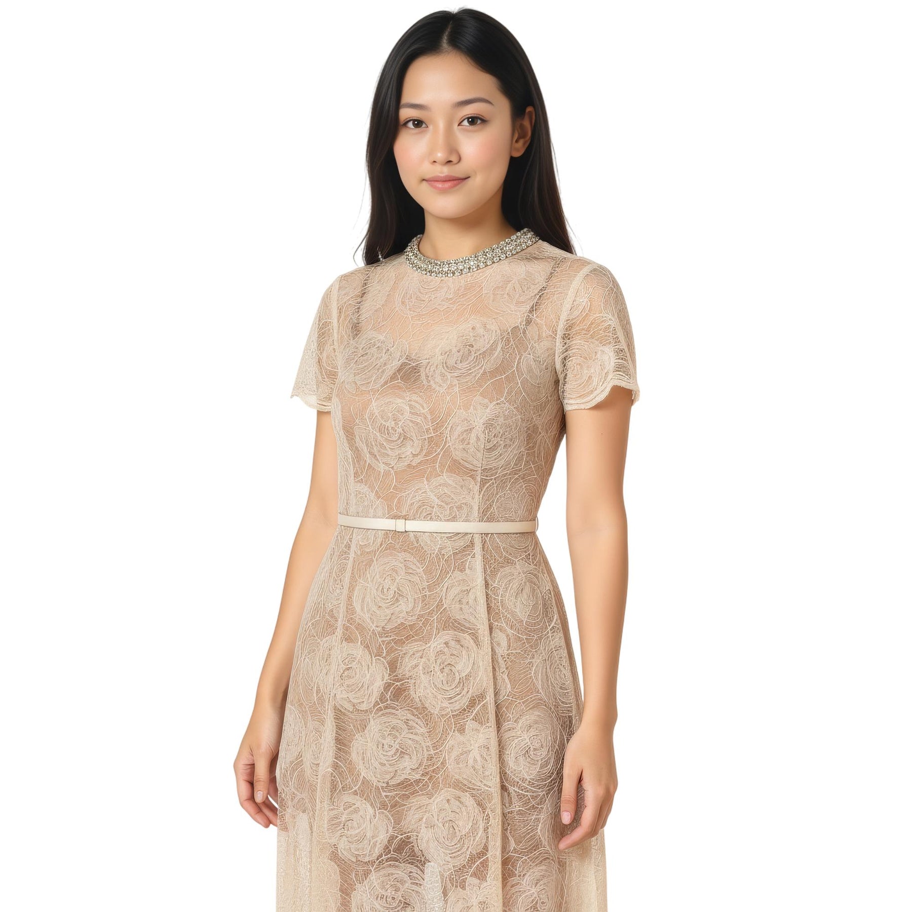 Cream Tulle Lace Midi Dress