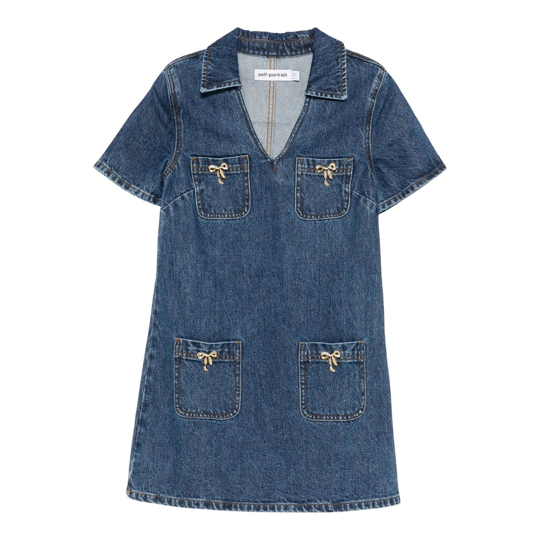Club21 - Self-Portrait - Denim Crystal Bow Mini Dress - DRESSES - Blue