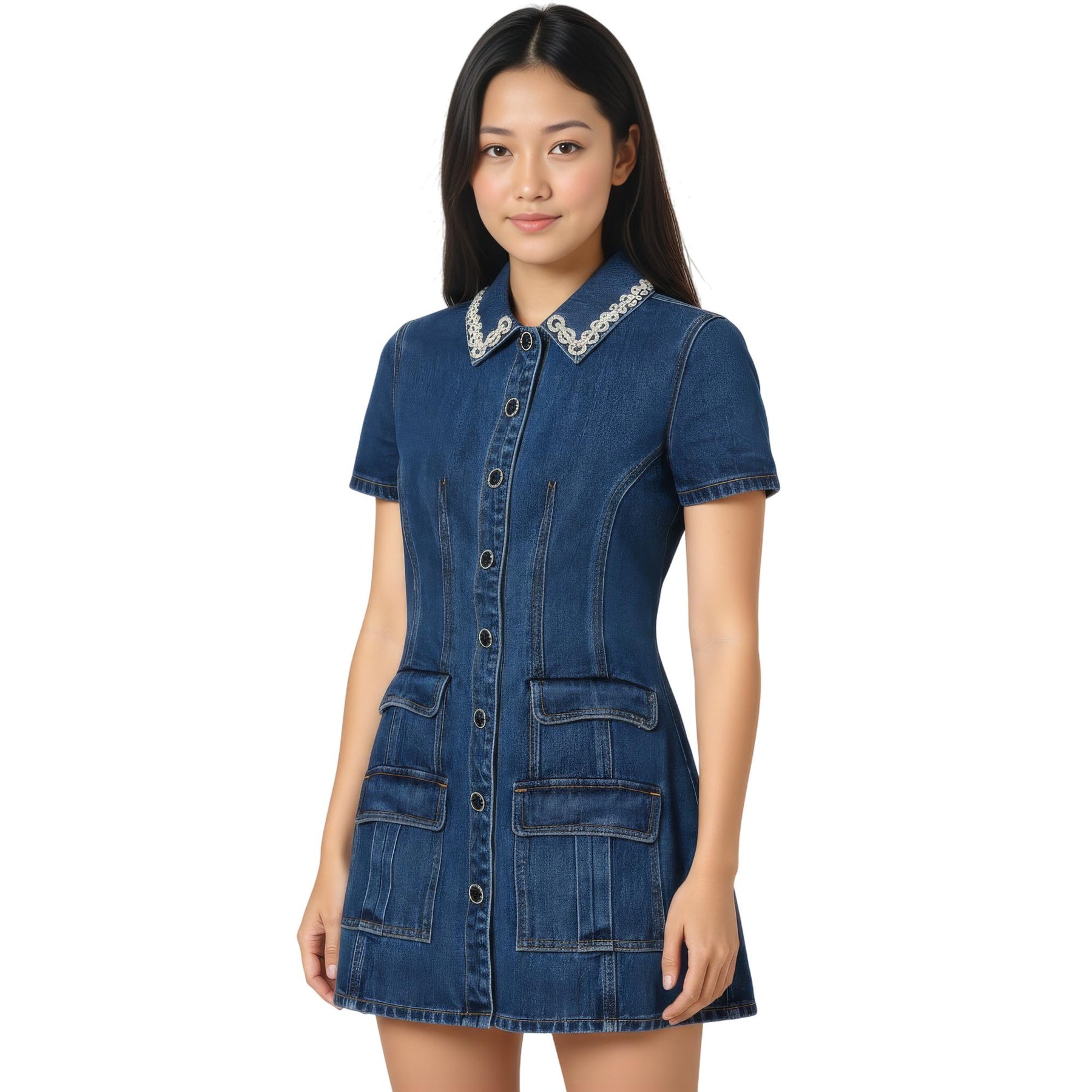 self portrait denim collared mini dress Denim Crystal Trim Collared Mini Dress | Self-Portrait