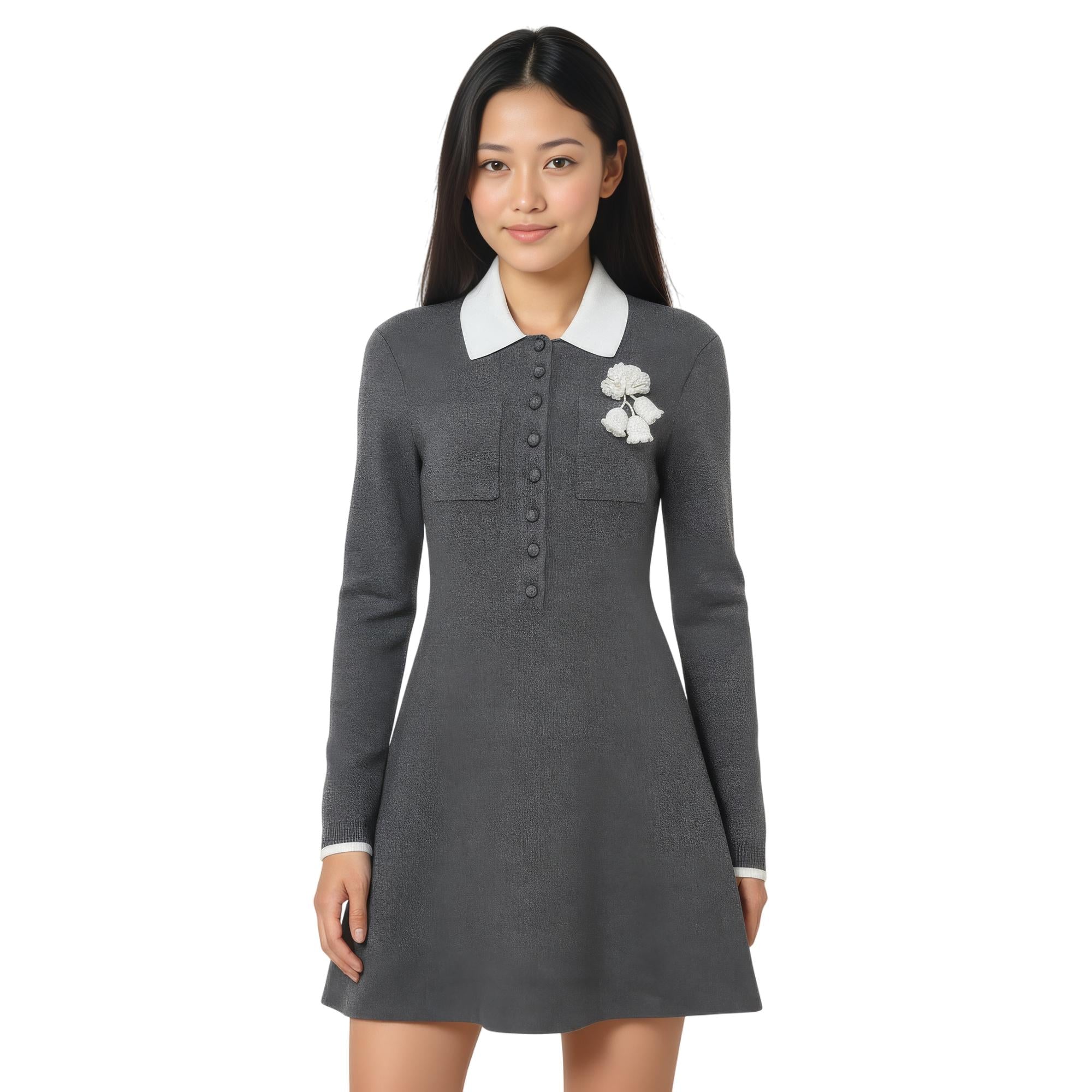 Self-Portrait Grey Crochet Flower Collared Knit Mini Dress in Grey