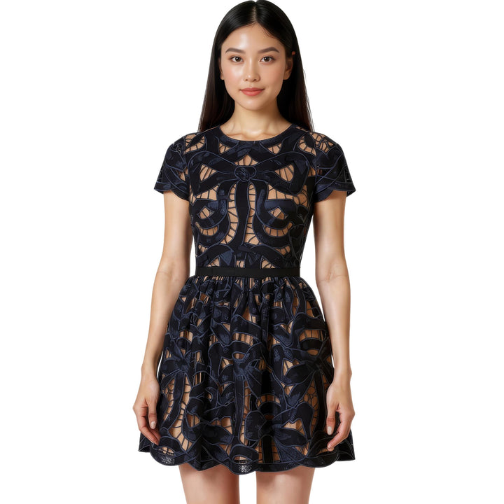 Club21 - Self-Portrait - Navy Bow Embroidered Mini Dress - WOVEN DRESSES - Blue