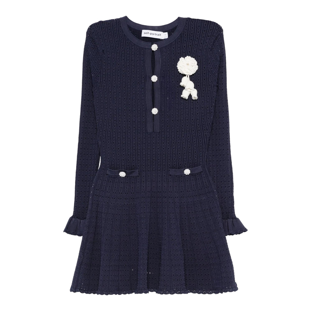 Club21 - Self-Portrait - Navy Pointelle Knit Crochet Flower Mini Dress - KNIT DRESSES - Blue