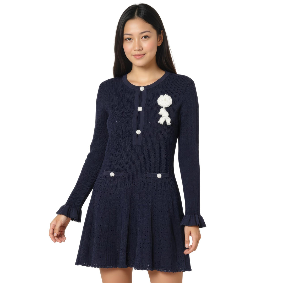 Club21 - Self-Portrait - Navy Pointelle Knit Crochet Flower Mini Dress - KNIT DRESSES - Blue