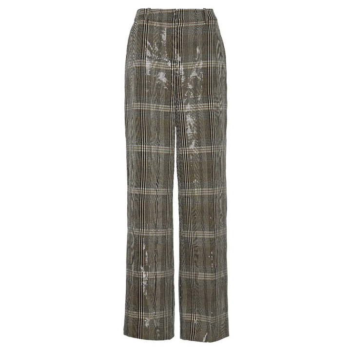 Sequin Plaid Flat Front Wide Leg Pants