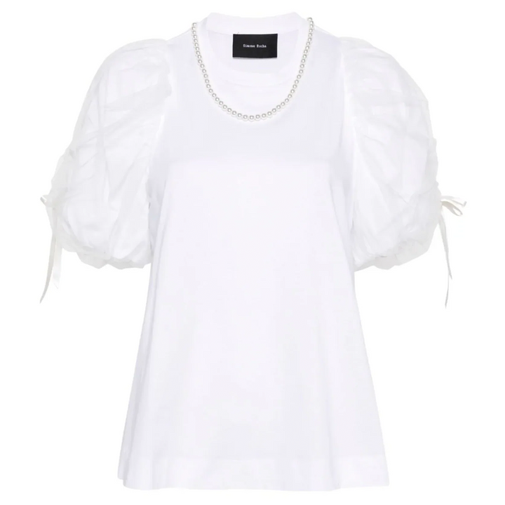 Beaded Tulle Overlay Puff Sleeve Tee