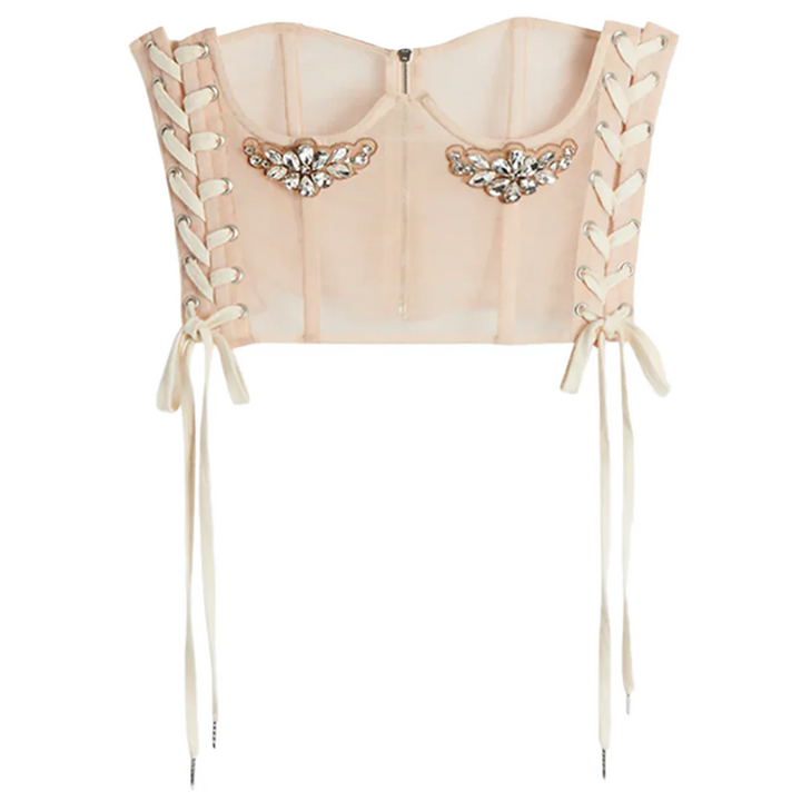 Short Lace Up Corset Wtih Embellished Tulle