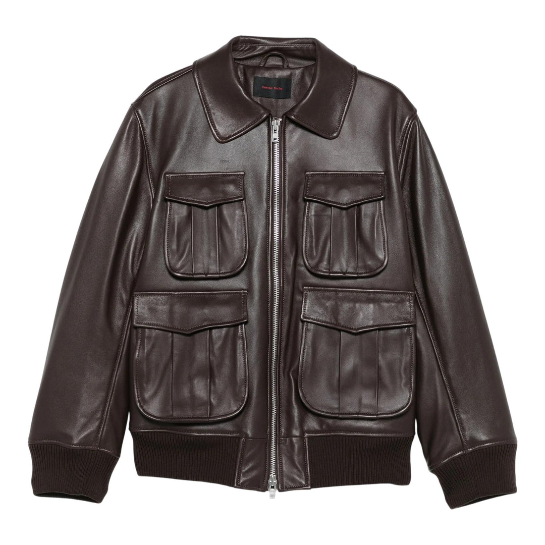 Club21 - Simone Rocha - Oversized Multi Pocket Aviator Jacket - LEATHER - Brown