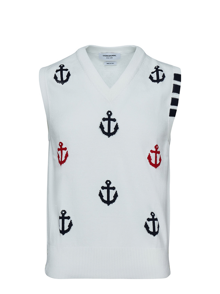 Thom Browne Anchor Half Drop Intarsia V Neck Vest White 1