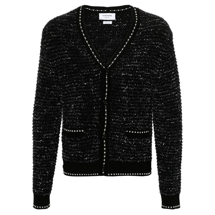 Eyelash Tweed Jacquard V Neck Cardigan