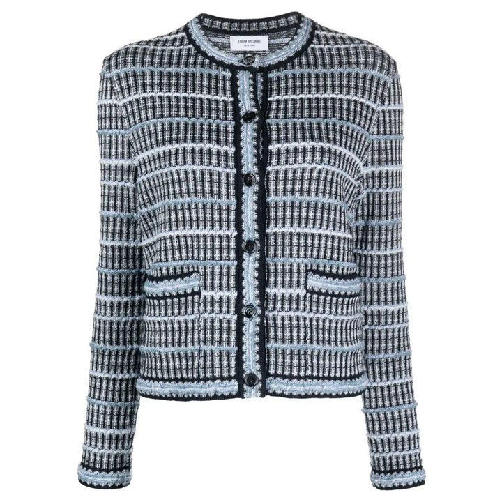 Inlay Tweed Jacquard Crew Neck Cardigan