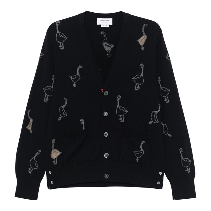 Club21 - Thom Browne - Geese Intarsia Merino Wool Relaxed Fit V Neck Cardigan Men - CARDIGANS - Navy