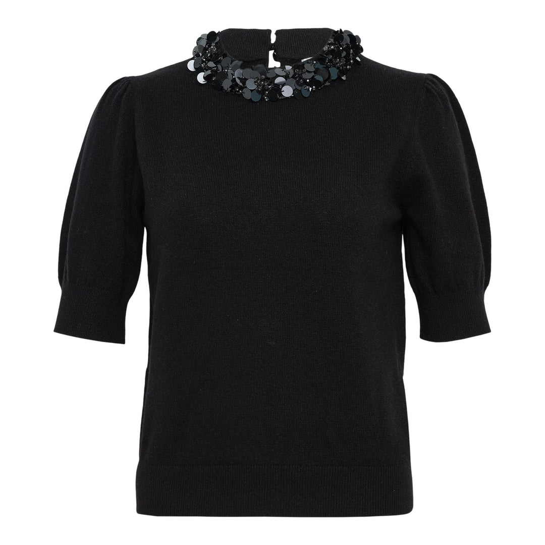 Club21 - Ulla Johnson - Liv Embroidered Cashmere Short Sleeve Knit Top - KNIT TOPS - Black