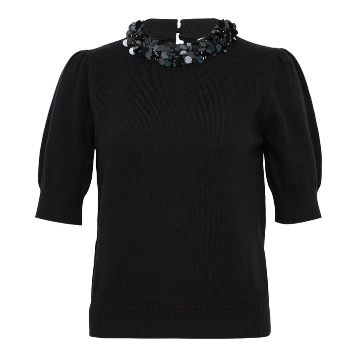 Club21 - Ulla Johnson - Liv Embroidered Cashmere Short Sleeve Knit Top - KNIT TOPS - Black