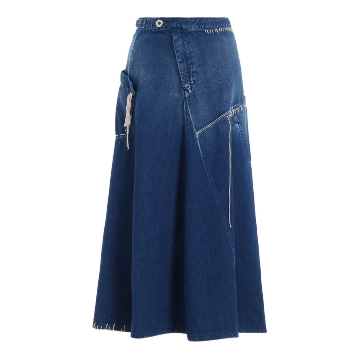 Spotted Denim Flare Skirt With Gusset