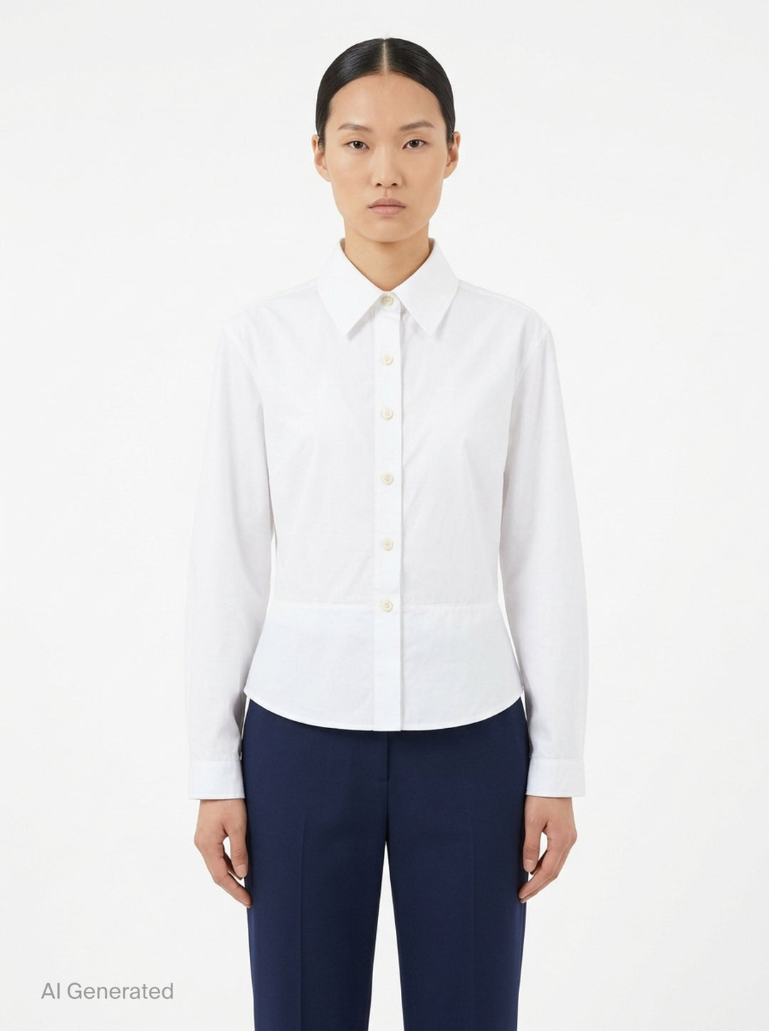Alaïa Basque Cotton Poplin Shirt in white, featuring a sculpted waist seam, peplum hem, point collar, and mother-of-pearl button front fastening - front